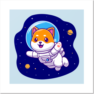 Cute Shiba Inu Astronaut Floating In Space Cartoon Posters and Art